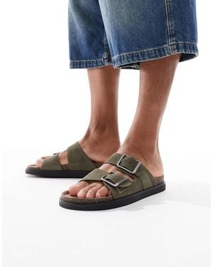 Pull&Bear Double Strap Leather Sandals - Blue