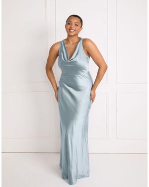 Six Stories Bridesmaid Satin Cowl V Neck Maxi Dress - Blue