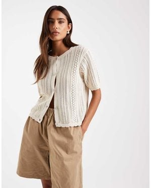 Pieces Short Sleeve Pointelle Knitted Cardigan - Natural