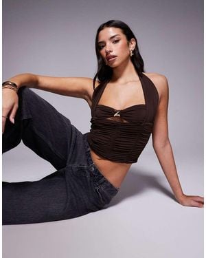 Tiger Mist Briallen Halterneck Gold Hardware Keyhole Detail Ruched Crop Top - Brown