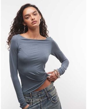 Monki Semi Sheer Boatneck Top - Blue