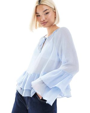 Pieces Blusa Bohémien Trasparente Con Volant Azzurro Pallido