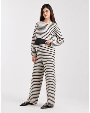 Mama.licious Mamalicious maternity - pantalon d'ensemble ample en maille rayée avec taille recouvrant le ventre - noir/crème - Blanc