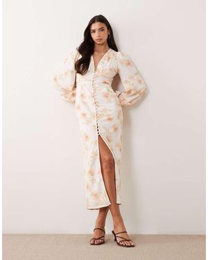 Gina Tricot Balloon Long Sleeve Satin Button Front Midi Dress With Front Split - Natural