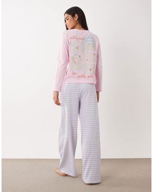 ASOS Pretty Post Long Sleeve Top And Pants Pajama Set - Pink