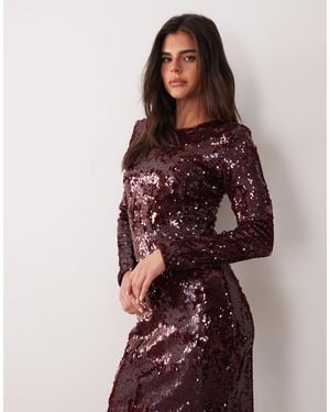 Vila Robe mi-longue à manches longues à sequins bordeaux - Marron