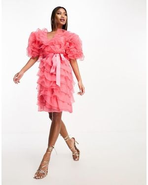 Forever Unique Oversized Ruffle Tie Waist Mini Dress - Pink