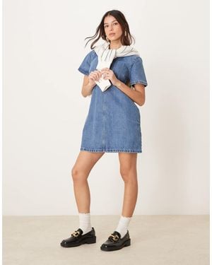 Abercrombie & Fitch Denim Mini-Jurk Met Korte Mouwen En Ronde Hals - Blauw