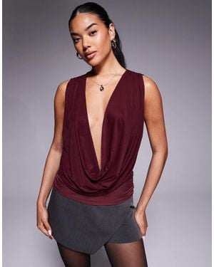ASOS Semi Sheer Mesh Mix Plunge Drape Long Line Top - Red