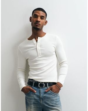 Collusion Ribbed Muscle Long Sleeve Henley T-Shirt Top - White
