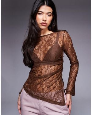 ASOS Gathered Side Lace Asymmetric Detail Top - Brown