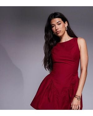 The Frolic Exclusive Bengaline Sleeveless Slash Neck Hip Pleat Detail Mini Dress - Red