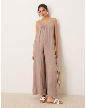 ASOS Double Cloth Plait Tie Detail Scoop Neck Jumpsuit - Natural