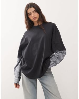Lioness 2 In 1 Oversized T-shirt Overlay And Striped Long Sleeve Shirt In Charcoal Stripe - Gray