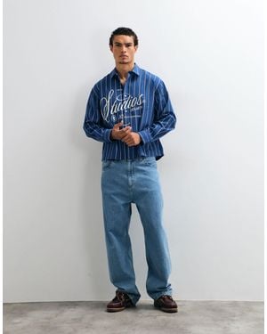 ASOS Boxy Oversized Stripe Shirt With Front Graphic - Blue