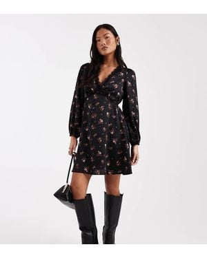 New Look Lace Trim Satin Mini Dress - Black