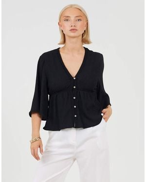 Brave Soul V-Neck Button Down Top With Lace Detail - Black
