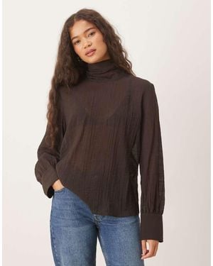 Mango Semi Sheer High Neck Tie Detail Blouse - Brown