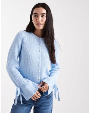Pieces Knitted Cardigan With Pearl Buttons And Bow Tie Cuffs - Blue