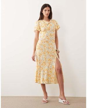 Nobody's Child Cheryl Cowl Neck Flutter Sleeve Split Detail Midi Dress - Natural