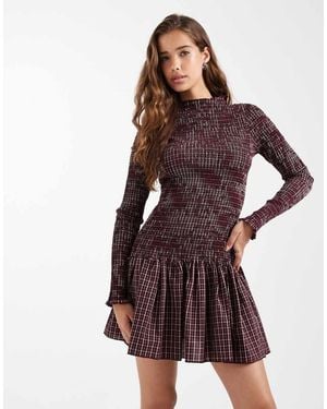 Daisy Street Shirred Drop Waist Mini Dress - Purple