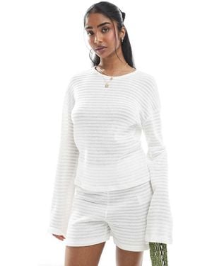 Pieces Mix And Match Self Stripe Knitted Wide Sleeve Top - White