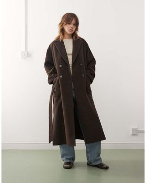 Monki Belted Double Breasted Coat With Wool - Brown