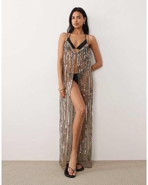 Miss Selfridge Beach Sequin Split Front Maxi Cami Dress - Natural