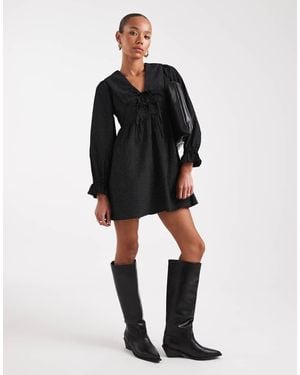 Wednesday's Girl Collar Detail Dot Cord Mini Smock Dress - Black