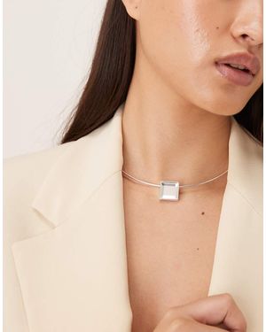 Mango Gargantilla Plateada Con Piedra Grande De - Marrón