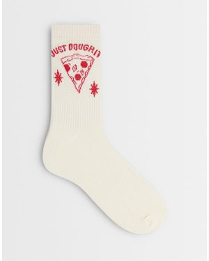Accessorize Calzini Color Crema Con Scritta "Just Dough It" E Grafica Di Pizza - Bianco