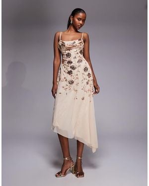 Oh Polly Floral Embellished Asymmetric Midaxi Dress - Metallic