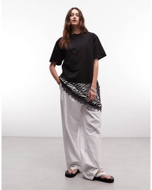 Noisy May Oversized T-shirt With Asymm Satin Lace Hem Underlay - Black
