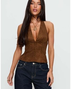 Princess Polly Dalyah Faux Suede Plunge Halterneck Top - Blue