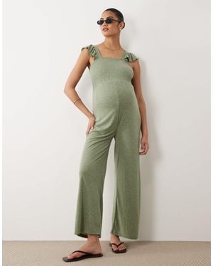 Mama.licious Mamalicious Maternity Shirred Bust Jersey Wide Leg Jumpsuit With Frill Strap Detail - Green