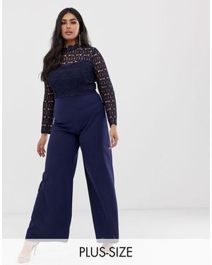 Club L London Club L Plus High Neck Crochet Detail Jumpsuit - Blue