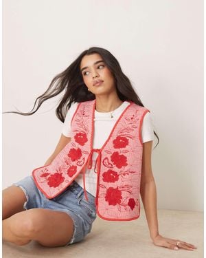 ASOS Quilted Vest With Striped Red And White Embroidery