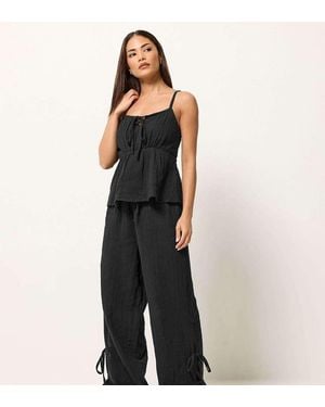 PixieGirl Petite Cheesecloth Wide Leg Trousers - Black