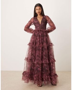 LACE & BEADS Lace And Beads Tulle Plunge Neck Sheer Sleeve Tie Maxi Dress - Red