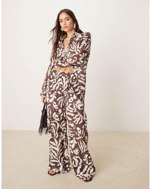 Mango Abstract Botanical Print Tie Waist Wide Leg Trouser Co-Ord - Natural