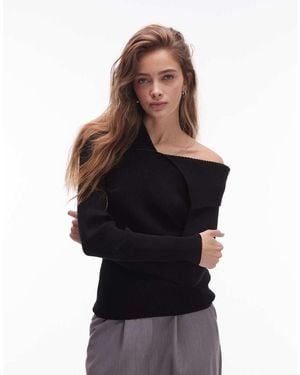 & Other Stories Knitted Top With Asymmetric Off Shoulder Collar - Black