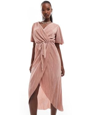 AX Paris Short Sleeve Wrap Plisse Midi Dress - Pink