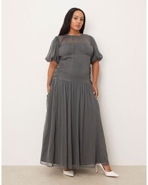 ASOS Asos Design Curve Puff Sleeve Chiffon Maxi Dress - Grey