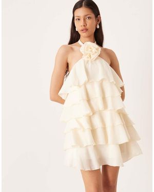 Pretty Lavish Bridal Ruffle Layered Corsage Detail Halter Neck Mini Dress - Natural
