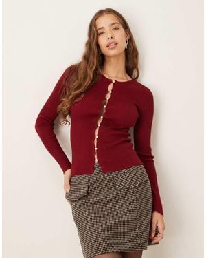 Gina Tricot Long Sleeve Ribbed Button Down Knitted Top - Red