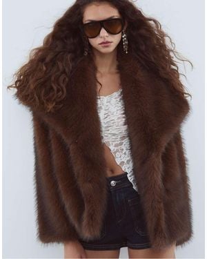 Stradivarius Cropped Faux Fur Jacket - Brown