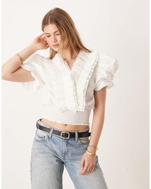 Y.A.S Puff Sleeve Pleated Ruffle Detail Poplin Top - White