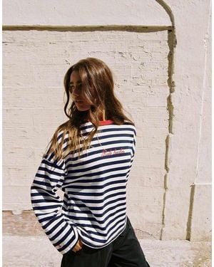 Pull&Bear T-Shirt Oversize A Righe Con Slogan - Bianco