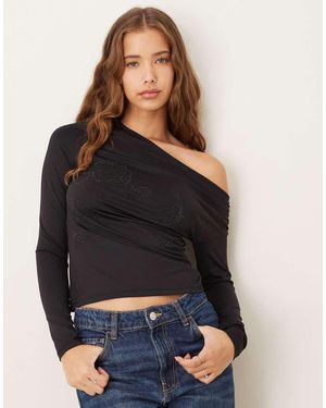 Gina Tricot Asymmetric Top With Rhinestone Flower Detail - Black