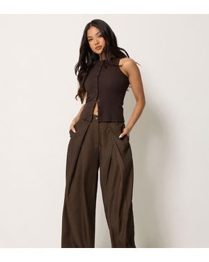 PixieGirl Petite Pleated Wide Leg Trousers - Brown